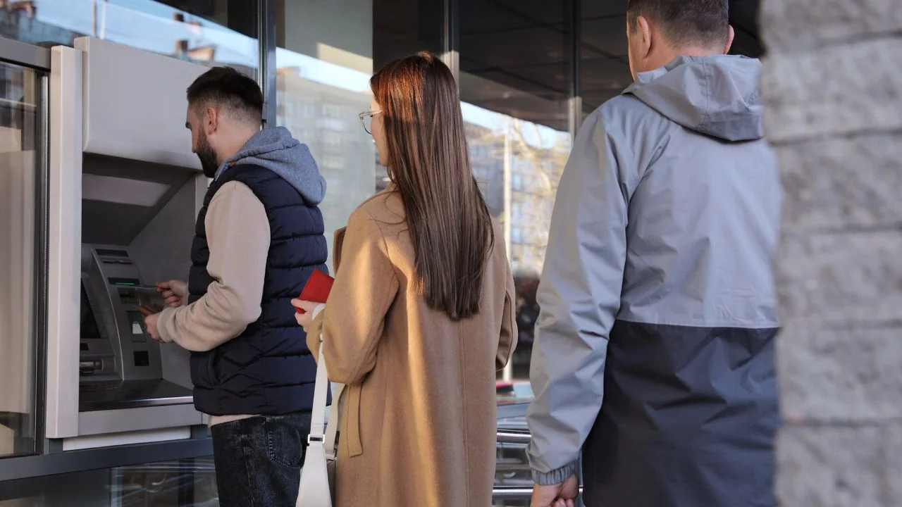 Trzy osoby stoją przed bankomatem przy wejściu do oddziału banku.